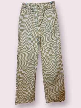 RSQ Green & White Trippy Checkered High Waisted Baggy Straight Leg Jeans Size 24